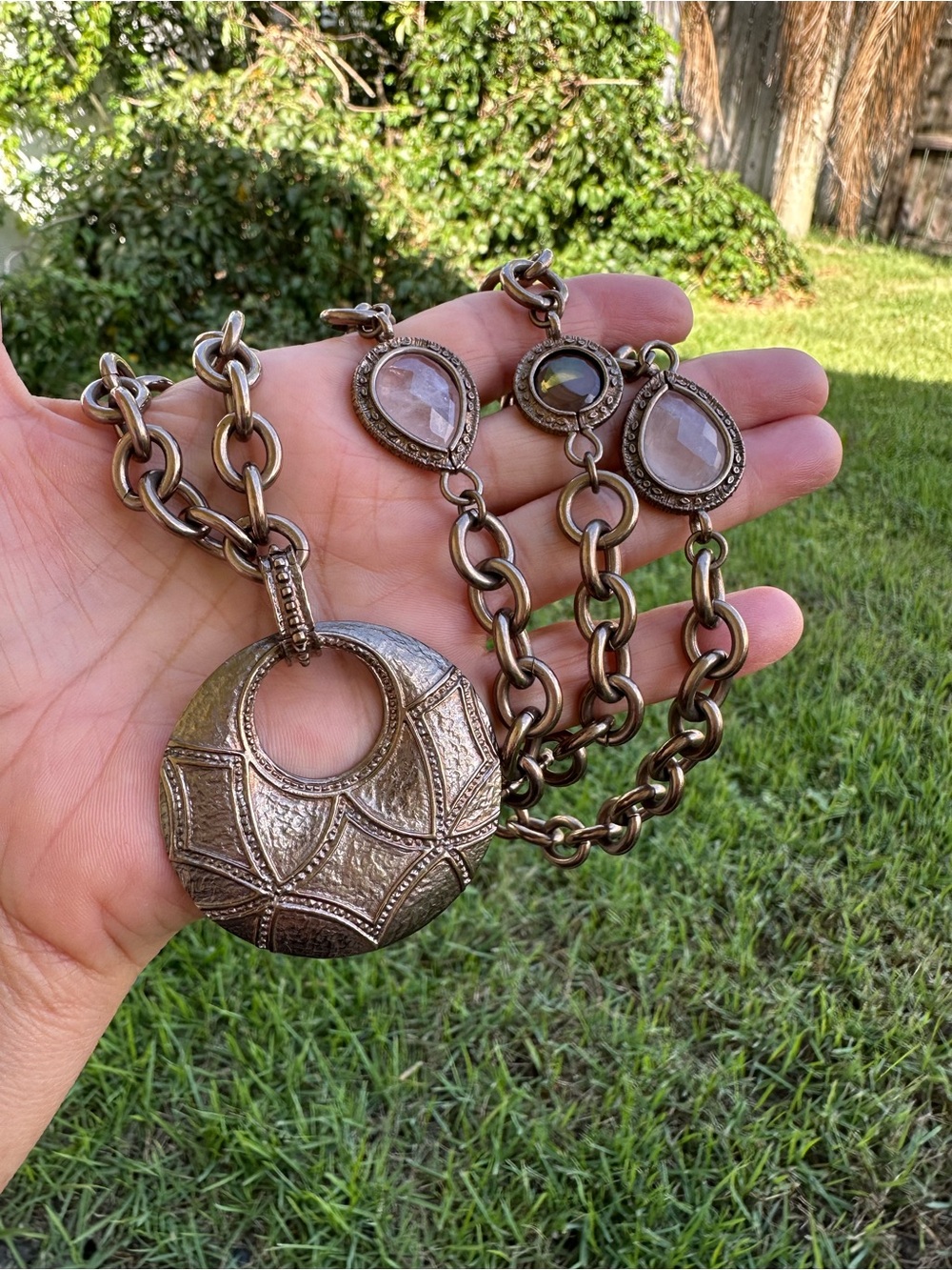 Vintage Italy Designer Bronze Tone Chunky Station Pendant Necklace